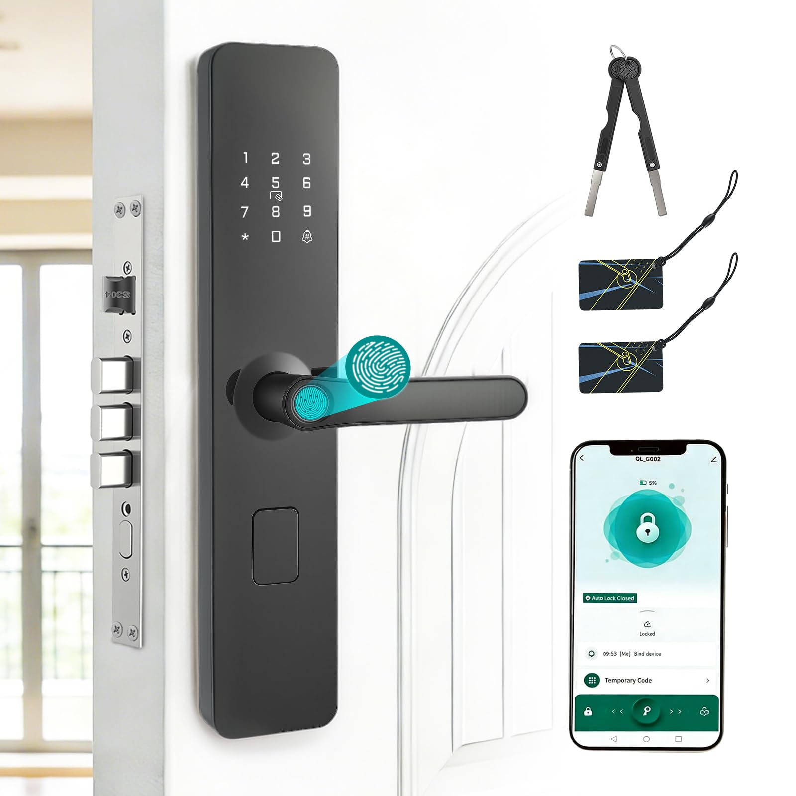 Cerradura Inteligente para Puertas, Cerradura Electrónica con Huella Digital, 6 Modos Apertura, Cilindro Clase C, APP Control, 2 Tarjetas NFC, Fechadura Inteligente para Puertas 40mm Casa Oficina