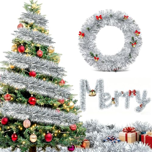 20m Espumillon Arbol Navidad Guirnalda - Plateado Guirnaldas Natal Navideñas Christmas Garland, Espumillón Navidad Decoracion Adornos para Exterior Hogar Puerta Escaleras Balcon