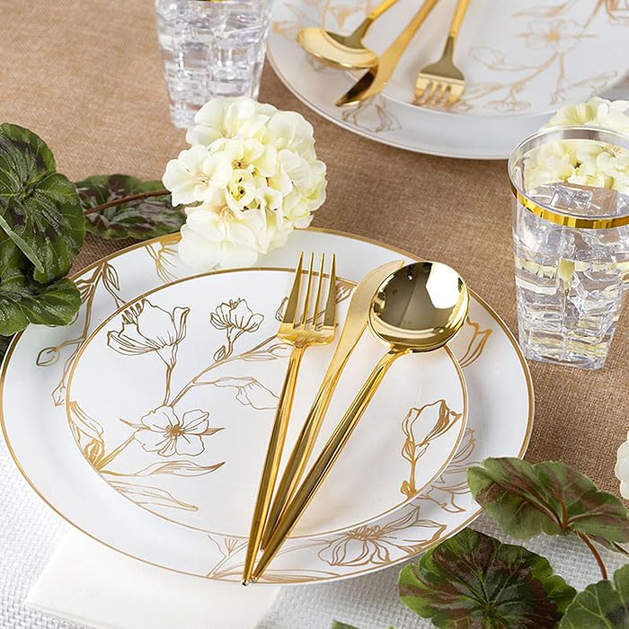 Assiettes Rondes Lavables Blanc Fleur Dorée, Taille au Choix avec Bordure Dorée, 10 Pièces, Grande 26cm - Petite 19cm, Plastique PVC Brillant, Lavable au...