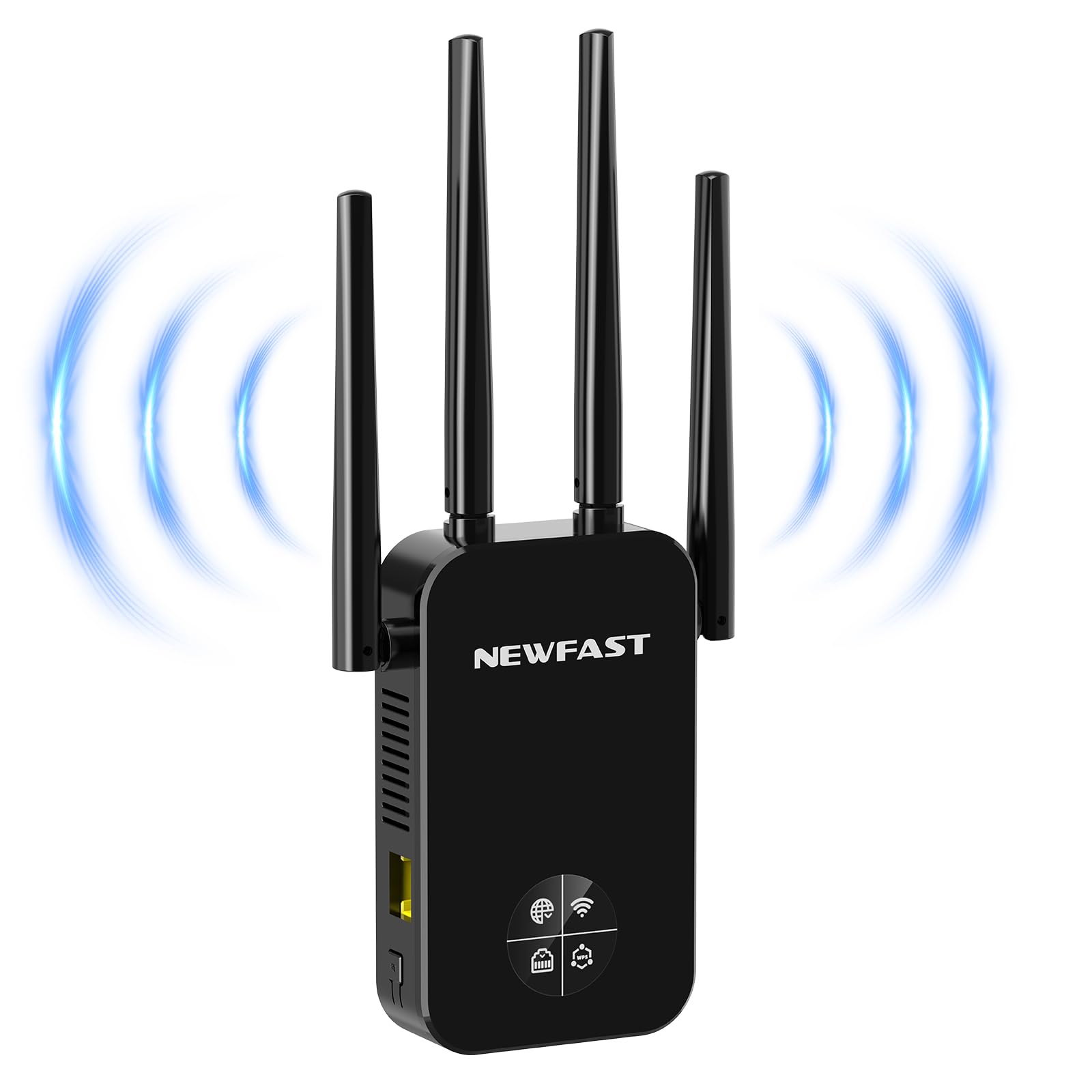 NEWFAST Amplificador Señal WiFi, AC1200 Repetidor WiFi Doble Banda | 5GHz y 2,4GHz, Extensor de Wi-Fi con WPS Botón, Puerto Ethernet, 4 Antena, Pantalla Inteligente, para Casa/Oficina