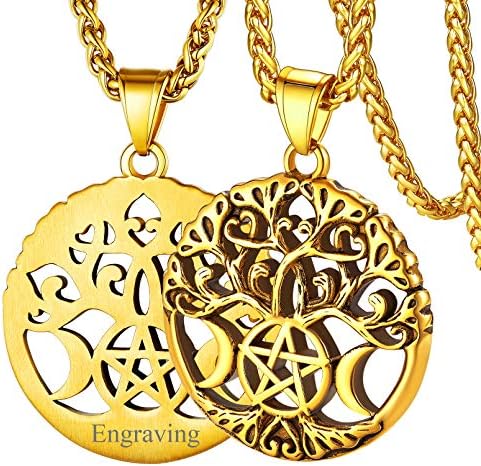 FaithHeart Celtic Moon Necklace Irish Jewellery Vintage Triple Moon/Tree of Life Pendant Stainless Steel/Gold/Black Plated, Pagan Gifts for Women Men