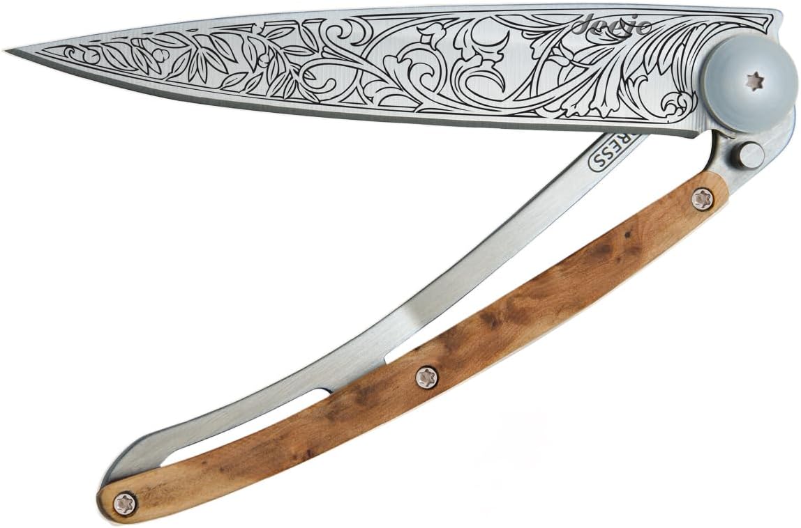 37G Folding Pocket Knife with Belt Clip - Art Nouveau Design, 3.7-Inch Stainless Steel Blade, Juniper Wood Handle - Lightweight Everyday Carry for Home, Work, and Outdoor Use