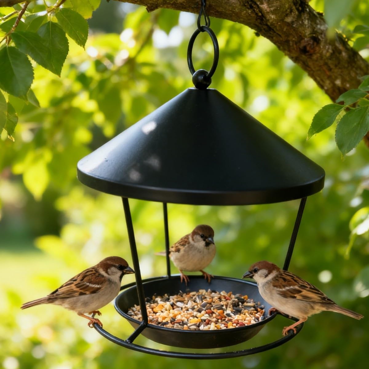 Mangiatoia per uccelli in ferro battuto, design automatico da appendere con prevenzione delle fuoriuscite, per decorazione esterna da giardino e cortile