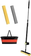 Space Mop 4-in-1: Broom, Floor Scrubber and Floor Dryer - Efficient and Fast Cleaning, Suitable for All Types of Floors (Set 2 Spare Parts + Silicone Bucket + Thread, Black)