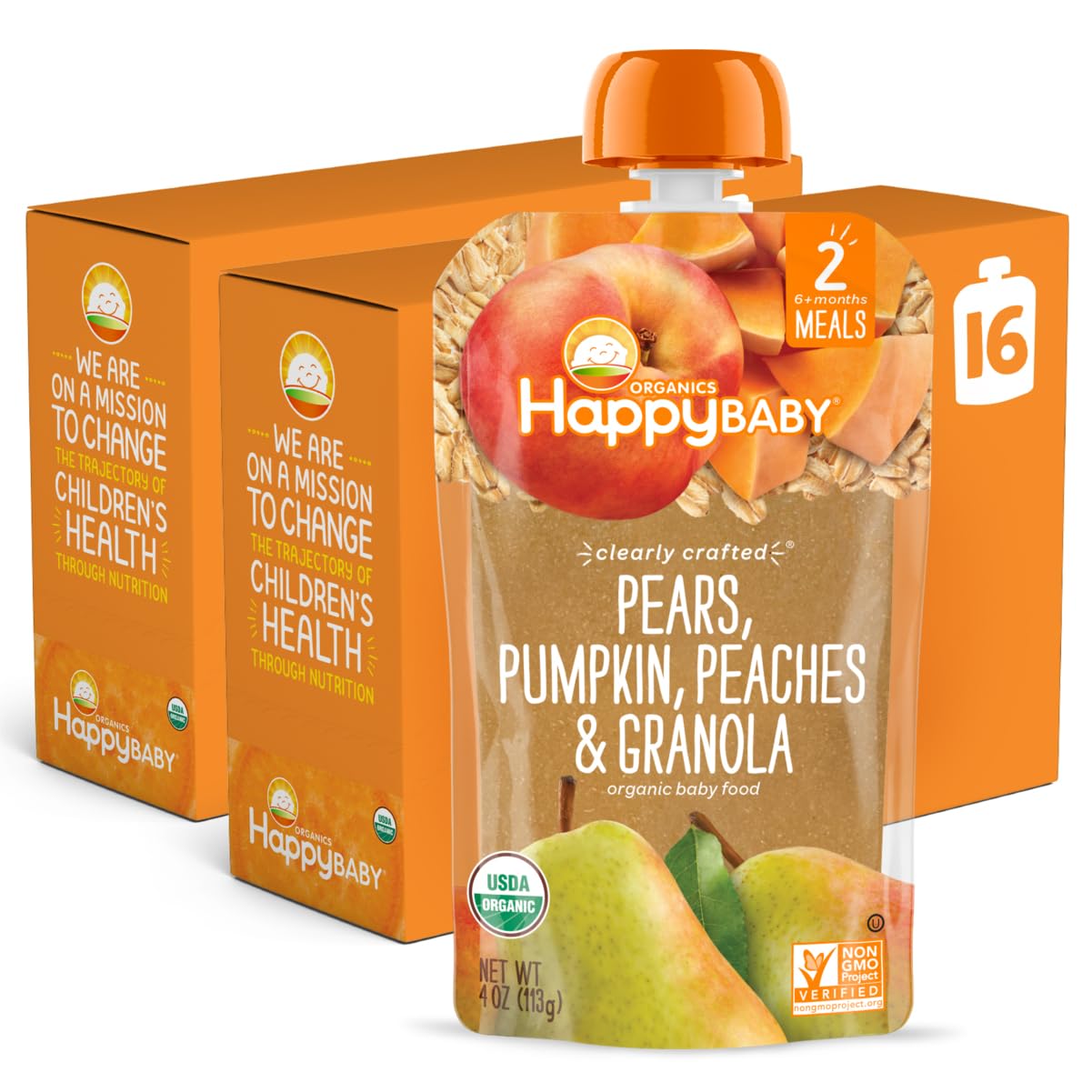 Happy Baby Organics Stage 2 Baby Food Pouches, Gluten Free, Vegan & Healthy Snack, Clearly Crafted Fruit & Veggie Puree, Pumpkin, Peaches & Granola, 4 Ounces (Pack of 16) Pumpkin, Peach & Granola Pack of 16