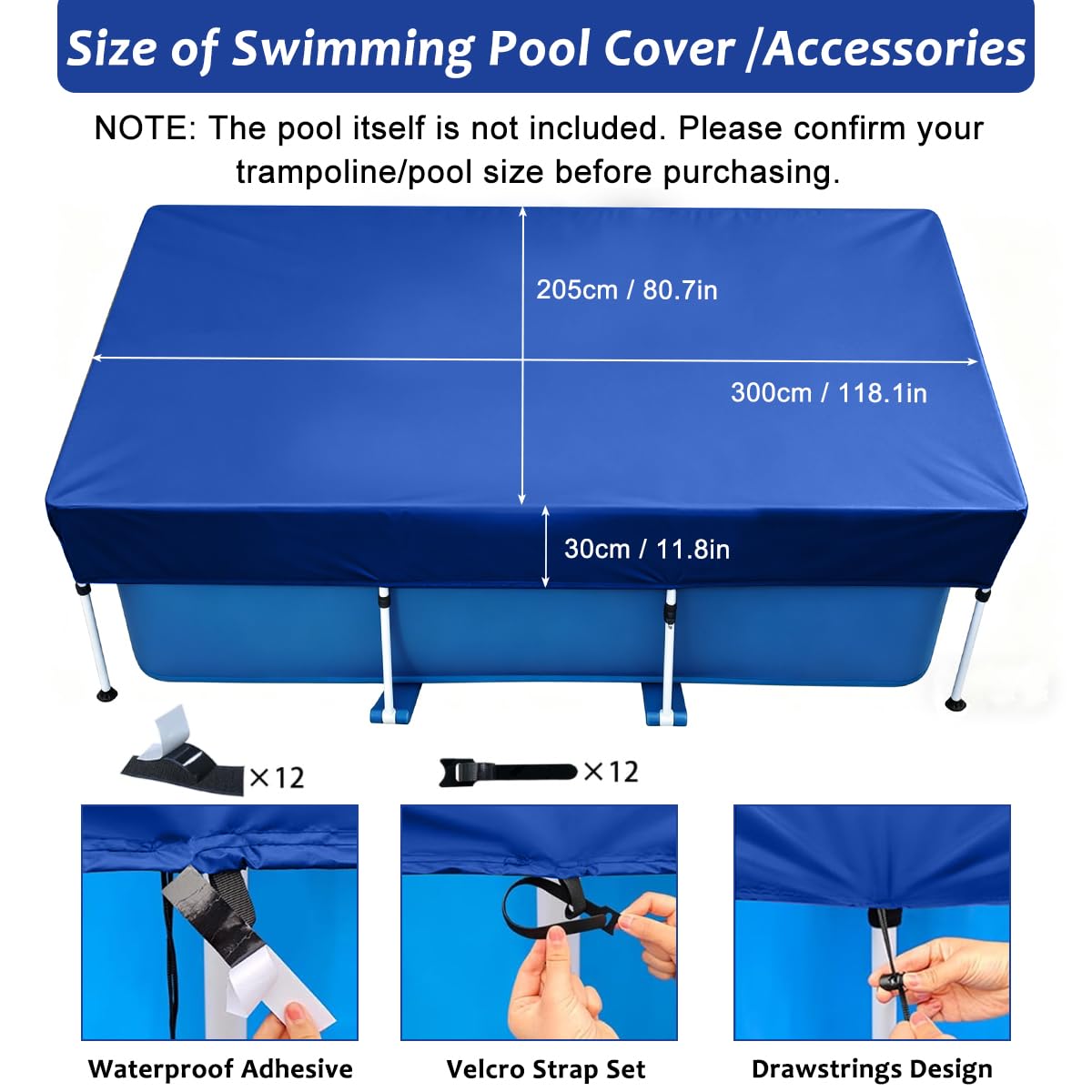 Bache Piscine Rectangulaire, 300x205 cm Couverture de Piscine avec Cordon de Serrage, Bâche Protection pour Piscines, Protection UV, Imperméable, Durable, Protections Idéale pour Cadre Piscines