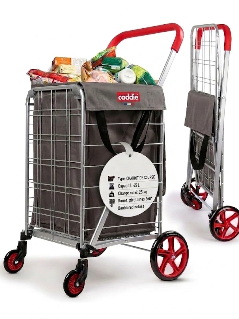Caddie Chariot de Course Pliable 45L | Poussette de Marché Haute Capacité (Max 25kg) avec Doublure Amovible Imperméable | Cabas à 4 roulettes Pivotantes 360° et Poignée Ergonomique Confort