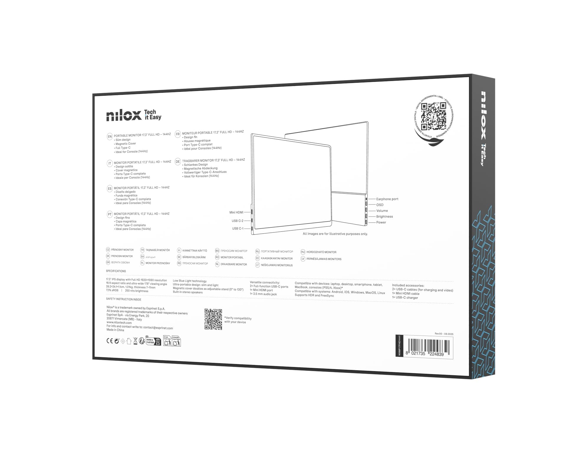 Nilox NXMP17FHD1441 Monitor Portatile 17.3'' IPS Full HD, Frequenza 144 Hz, Connessioni USB‑C e Mini‑HDMI, Design Ultra‑Sottile