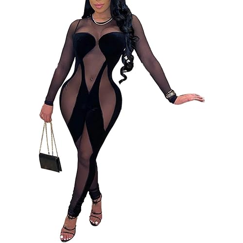 Uni Clau Women's Sexy See Through Jumpsuit Sheer Mesh Hollow Out Criss Cross Bodycon Jumpsuits One Piece Club Rompers