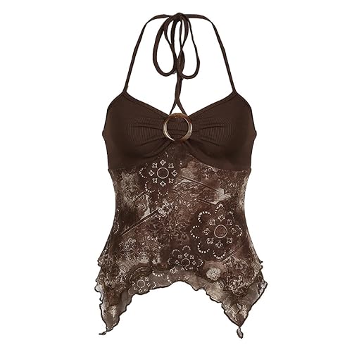Women's Retro Printed Halter Top,Mesh Pleated Strappy Neck,Stylish Sleeveless Slim Top Base Layer