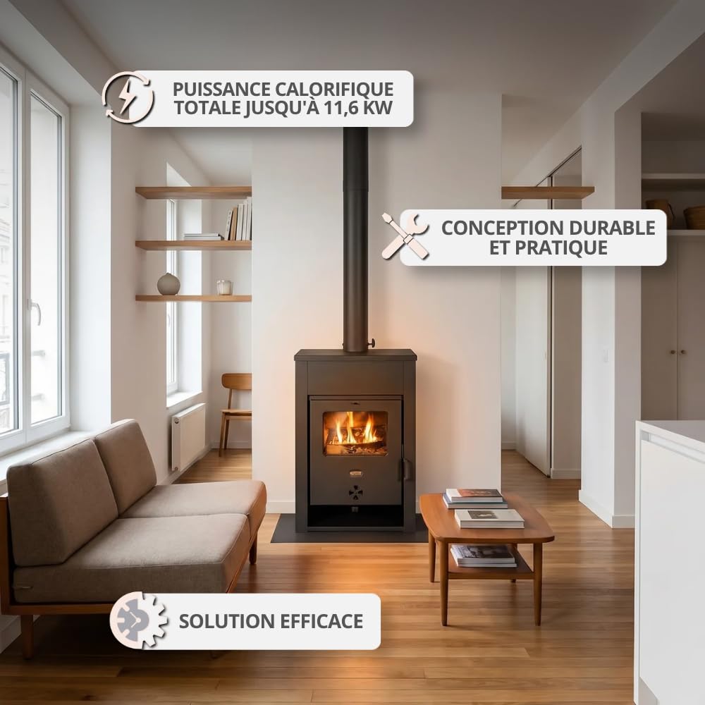 Prity K13 D Poêle à bois 11,6 kW Classe d'efficacité énergétique A+ 81,9 % d'efficacité 81,9 % Tuyau de fumée Ø 130 mm Construction en acier et fonte