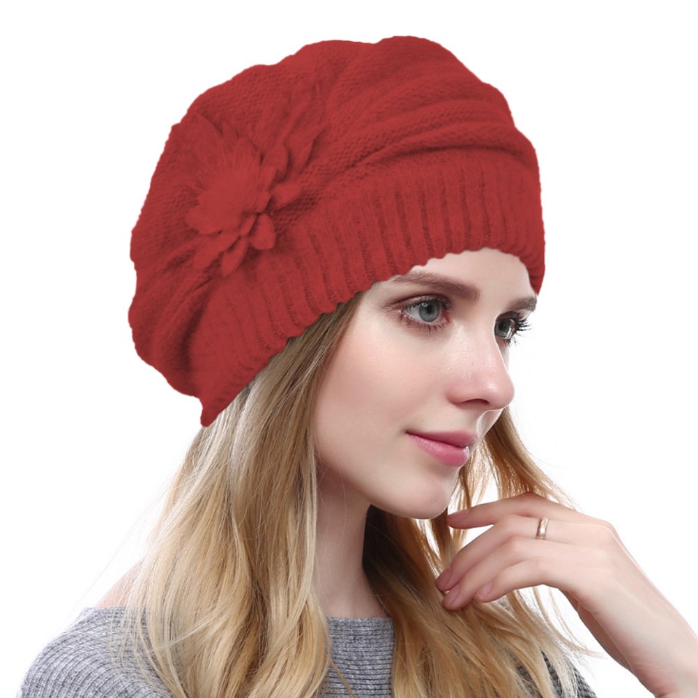 Women's Solid Knit Furry French Beret - Fall Winter Fleece Lined Paris Artist Cap Beanie Hat (Burgundy)