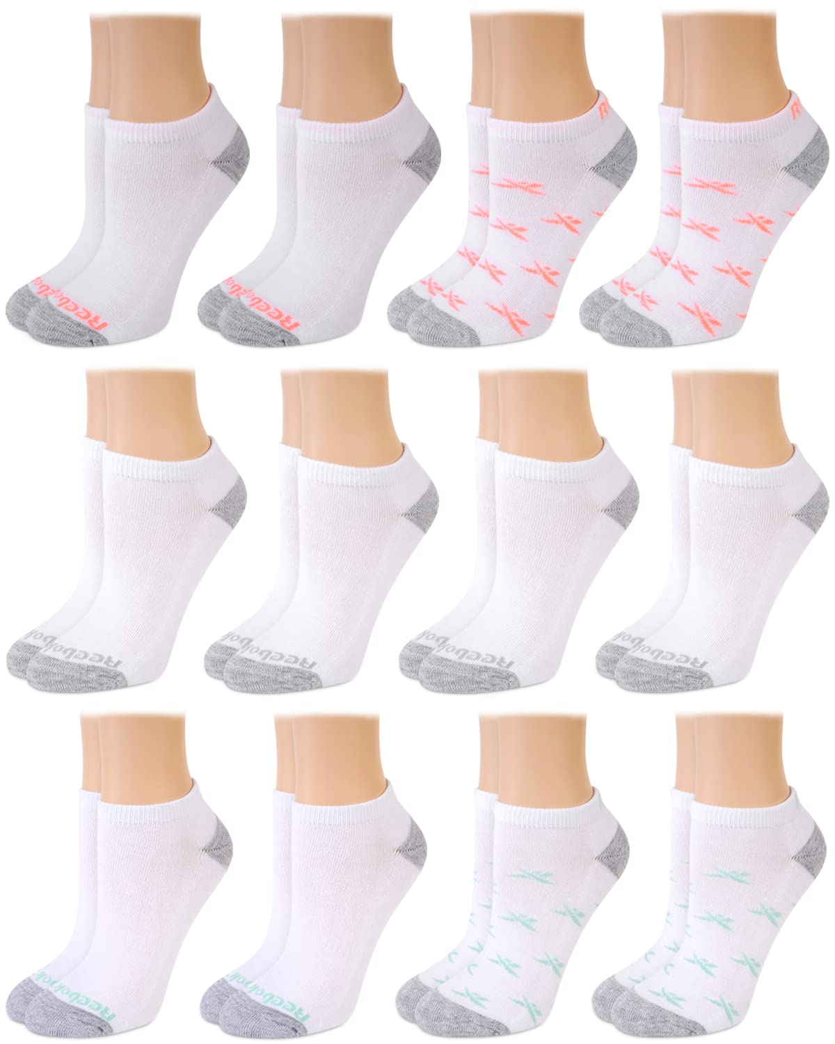 Reebok Women's No Show Athletic Breathable Low Cut Cushioned Socks (12 Pack), Size 4-10, White/Pink/Green
