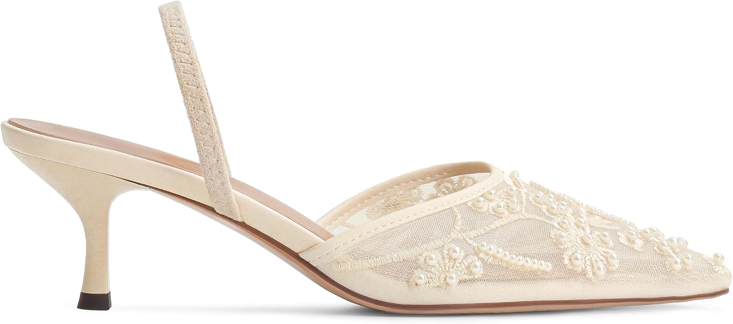 Embroidered Kitten Heels for Women Pointed Toe Mesh Floral Slingback Heeled Sandals With Pearl Slip On Backless Bridal Wedding Sandals Shoes