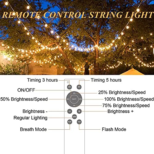 Yuusei LED String Lights Remote Control, 50Ft Festoon Lights Mains Powered with 25+1 Shatterproof G40 Bulbs, IP45 Waterproof Outdoor Garden String Light for Patio Party Wedding Cafe, Warm White