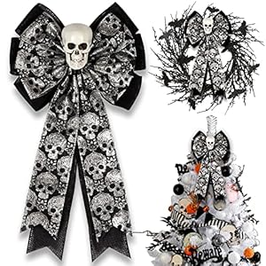 Skull Gothic Decor,Halloween Bows for Wreaths Decorations, Halloween Tree Topper Bow, Decorative Bow with Skull Glitter Silver Black Burlap for Fall Home Front Door Outdoor