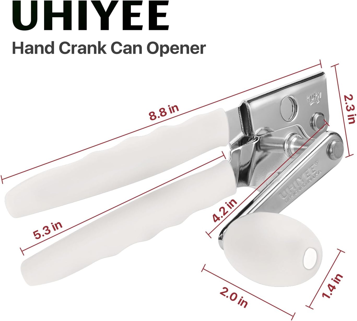 Commercial Can Opener, UHIYEE Hand Crank Can Opener Manual Heavy Duty with Comfortable Extra-long Handles, Oversized Knob, Large Handheld Can Open Easy for Big Cans, White