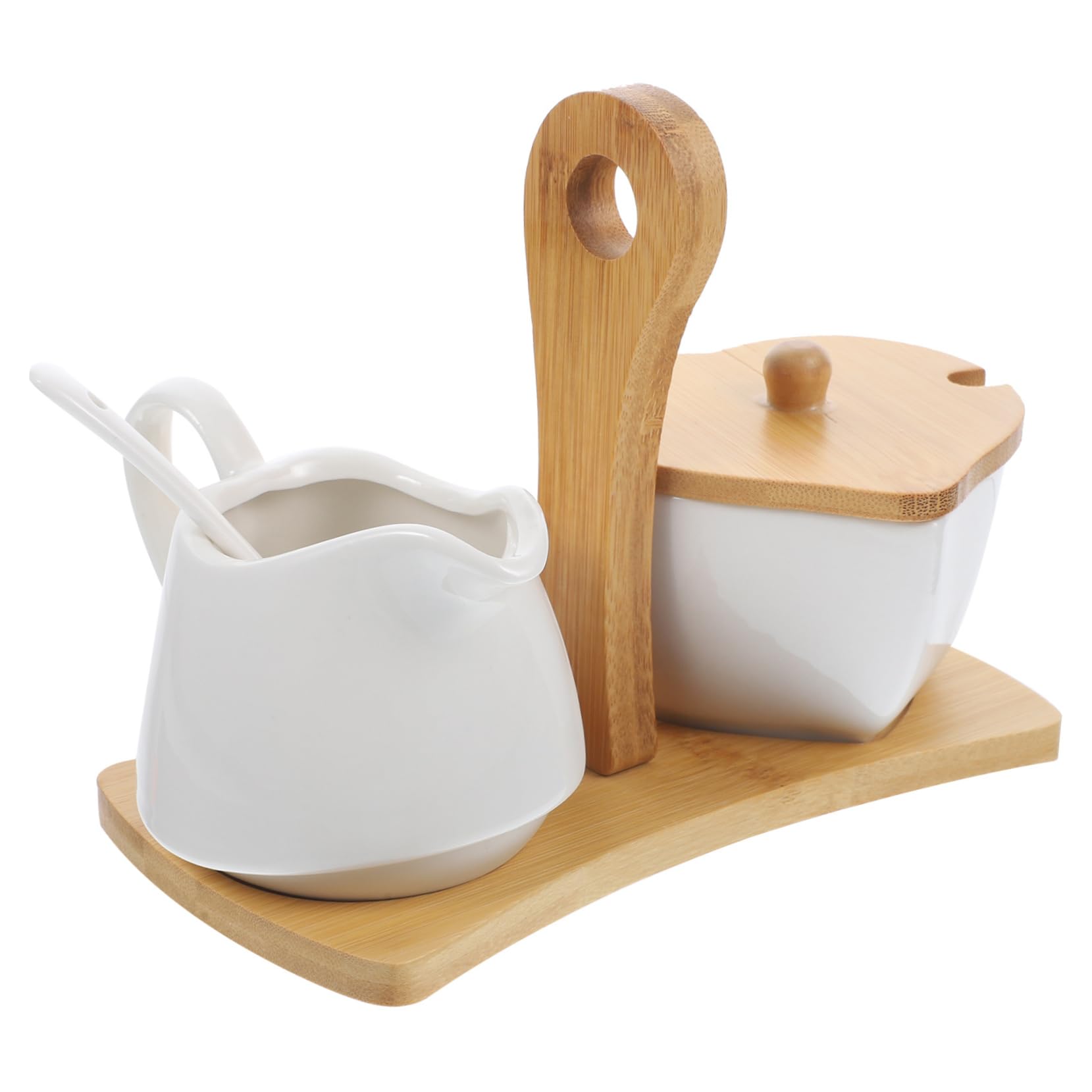Alipis Azucarero y Jarra para Crema De Cerámica Blanca con Bandeja y Cuchara De Bambú para Hogar y Hotel Diseño Sencillo y Elegante para Servir Azúcar y Nata Mesa Dulce