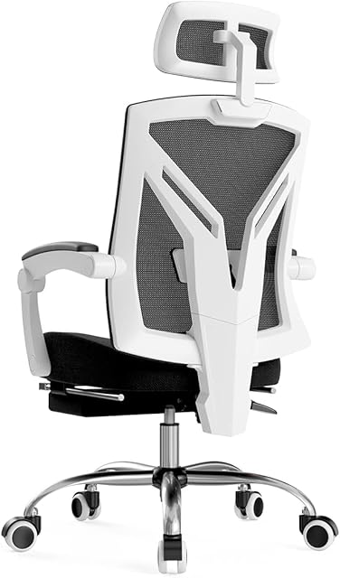 Hbada Ergonomic Office Recliner Chair with Footrest, High Back Desk Chair with Lumbar Support, Height Adjustable Seat, Headrest, Breathable Mesh Back, Soft Foam Seat Cushion, White