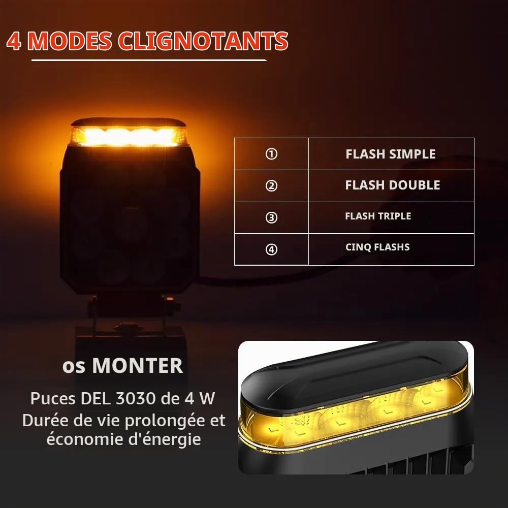 2 Phares de Travail LED avec Gyrophare LED 12V 24V 10W Faisceau Flood Blanc Feu de Recul Feu Antibrouillard + Feu de Pénétration Stoboscopique Flash Orange