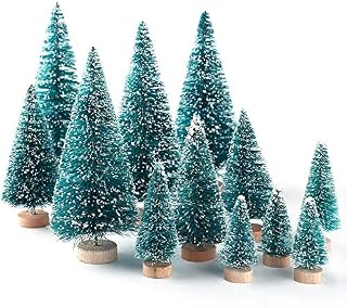 U-House Artificial Christmas Tree 8pcs Mini Pine Tree Snow Frost Wood Base Home