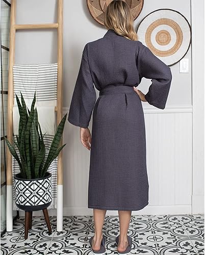 Miniatura 6 de Lotus Linen Batas ligeras de tejido gofre para mujer, bata larga de algodón suave, bata de baño tipo kimono para spa