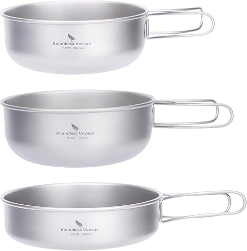 iBasingo Juego de 3 piezas de ollas de titanio para acampar con mango plegable, juegos de ollas de cocina para campamento al aire libre