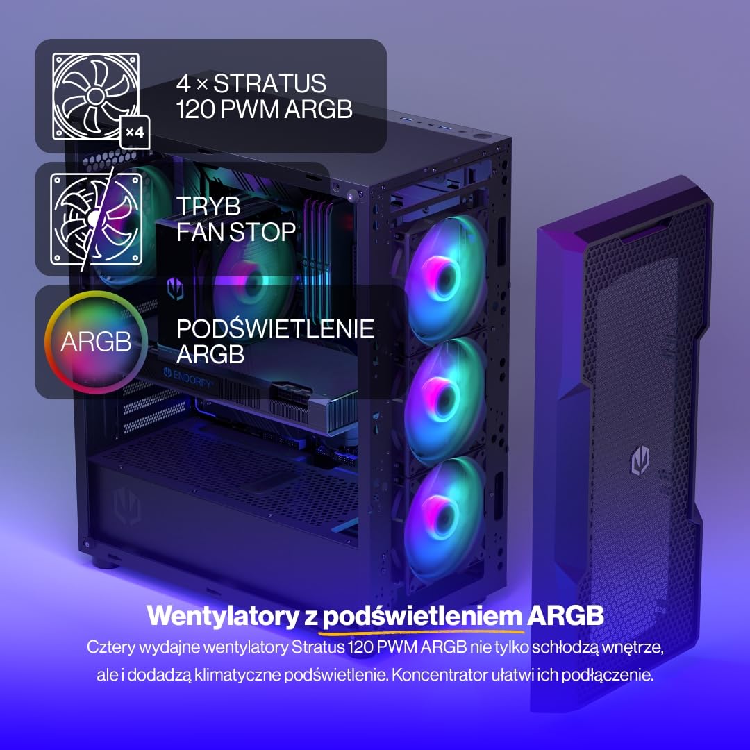 ENDORFY Regnum 400 ARGB Obudowa PC ATX z Hartowanym Szkłem | 4x Stratus 120 PWM ARGB, Kontroler PWM+ARGB, Mesh Front, Obsługa Chłodnic 360 mm, GPU do 370 mm