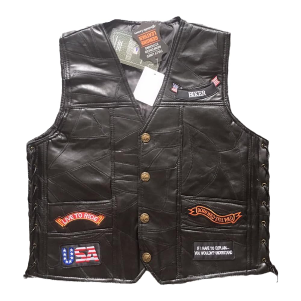 WalnutKing Men Leather Motorcycle Jacket Vest Plastered Embroidery Cool Patches Biker Vest (US, Alpha, Large, Regular, Regular, Elage9)