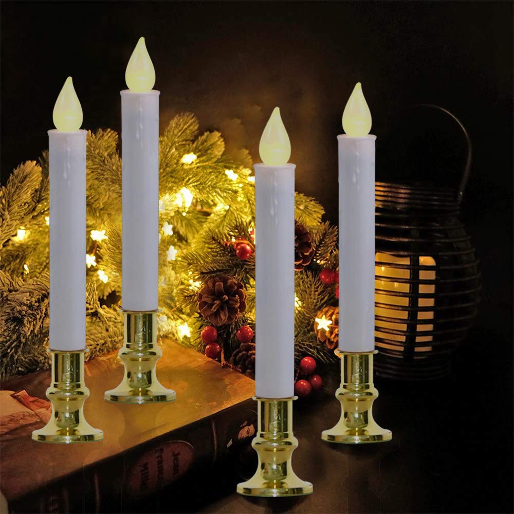 Velas de Navidad para ventana, temporizador automático, luces LED parpadeantes con base dorada (temporizador de 6/18 horas), velas LED de 9 pulgadas que funcionan con pilas para decoración de 9