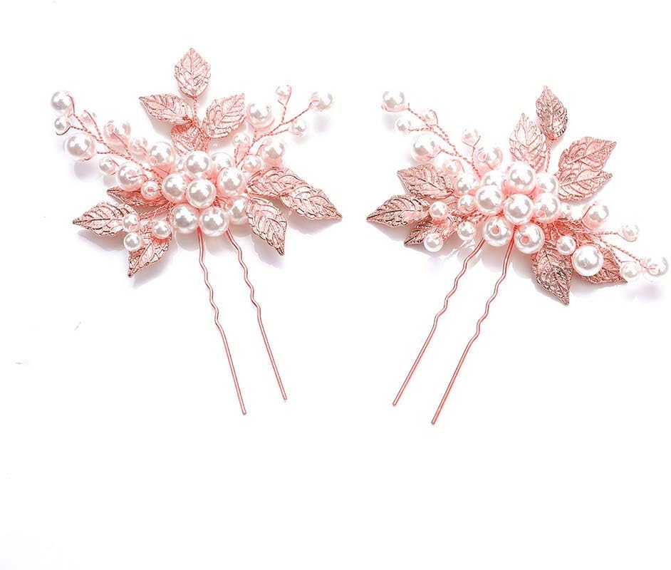Anglacesmade Bridal Hair Pins Pearl and Leaf Hair Pin Wedding Hair Accessories Bridesmaid Bride Headpiece Prom Party Hair Jewelry for Women and Girls (Rose gold) - Image 3