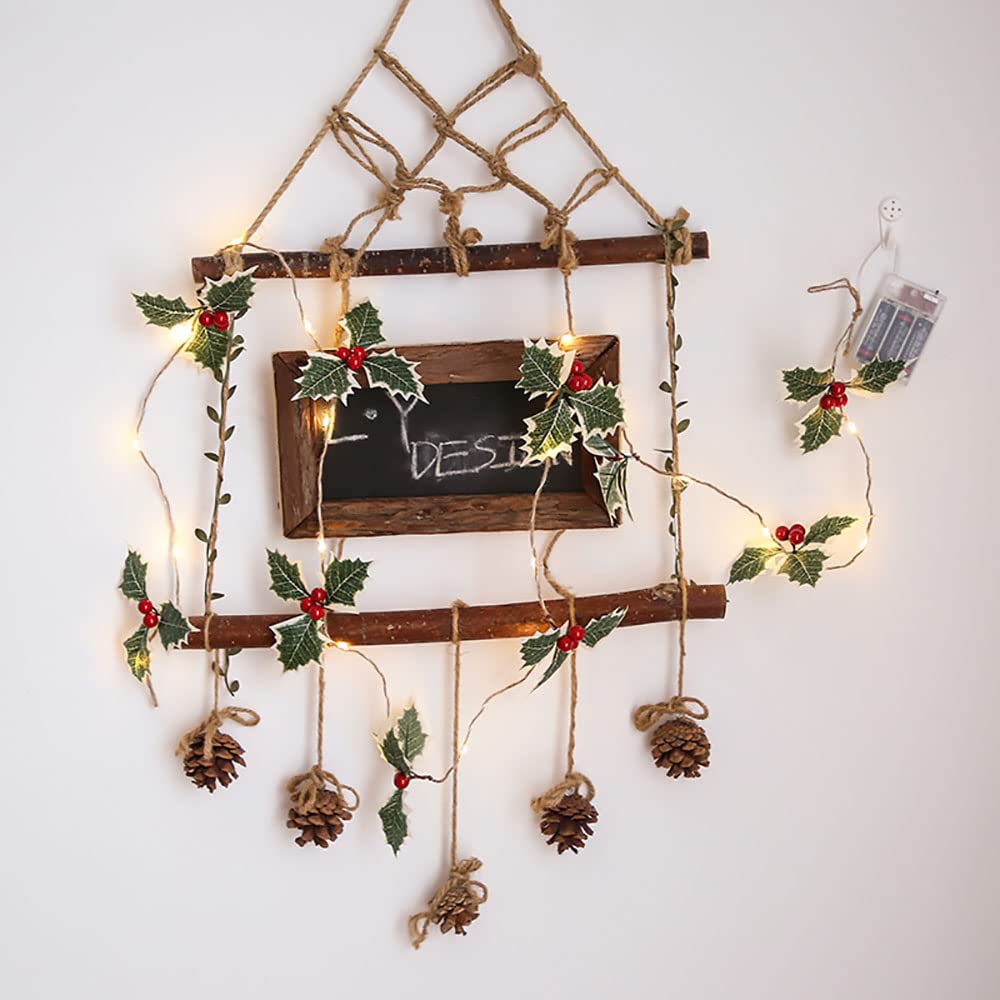Guirnalda de Navidad con luces, 20 luces LED de 6.56 pies, funciona con pilas, guirnalda de hojas de bayas rojas, guirnalda de árbol de Navidad, decoración de interiores, luces cálidas para