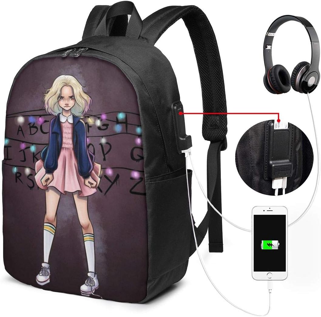 Stranger Things Backpack Anti-Theft USB Charging Port 17" Backpack,EL Eleven