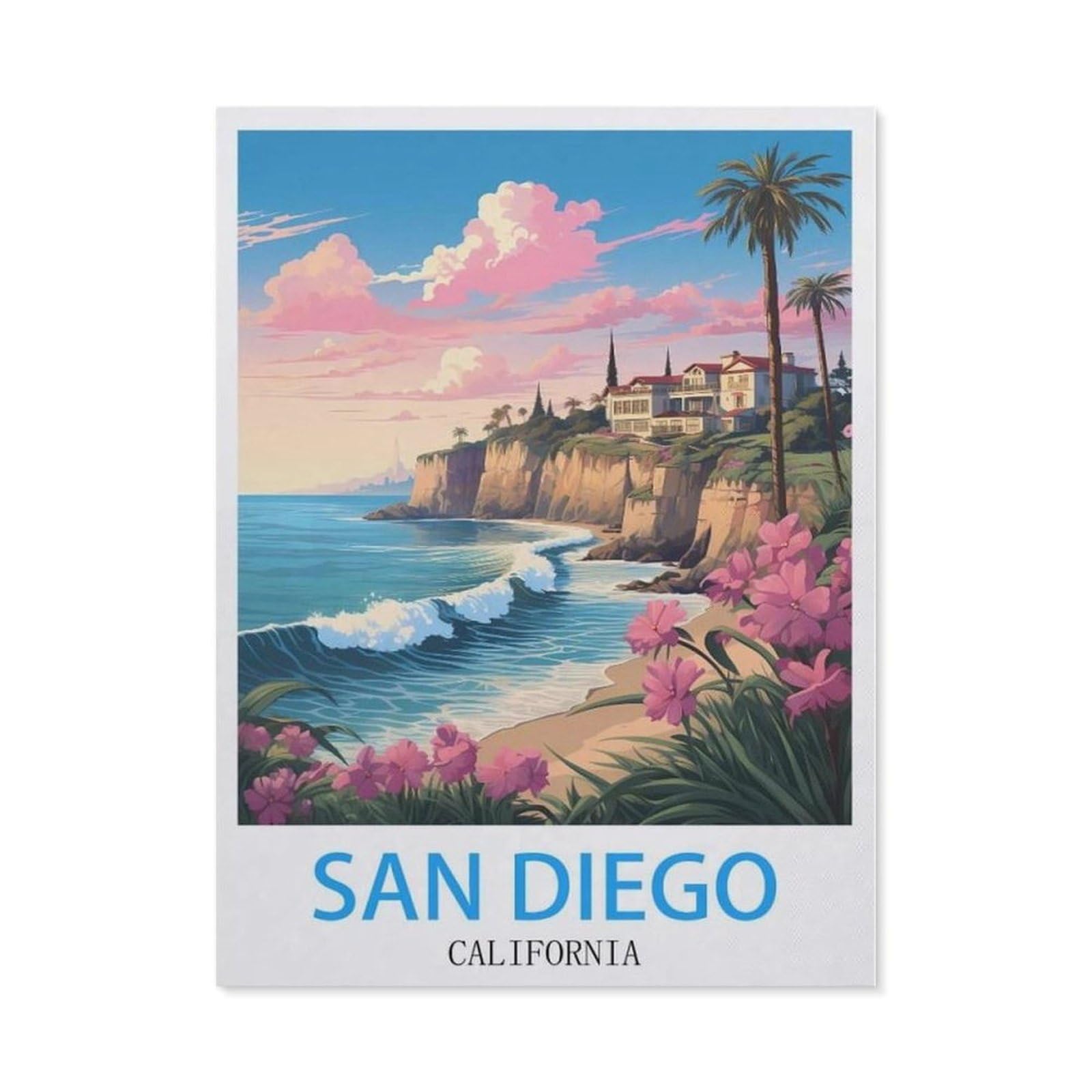 Beayodkp （40 X 50 Cm/15.74 X 19.68 Inches） Diy 5D Diamond Painting，San Diego California Vintage Travel Posters，Round Diamond, Used For Room Decoration-Cd67