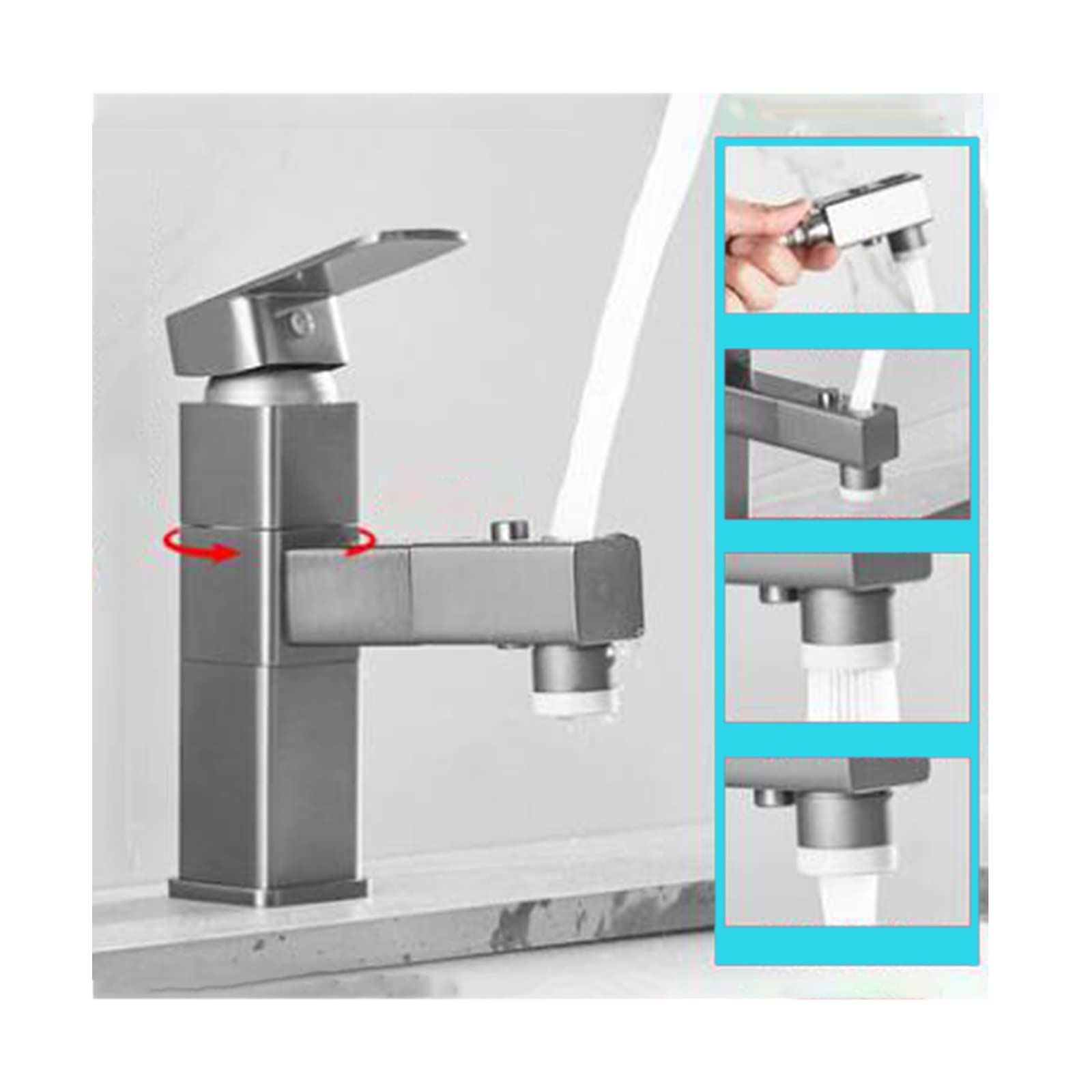 Robinet d'évier de salle de bain extractible en laiton gris fusil pivotant à 180°