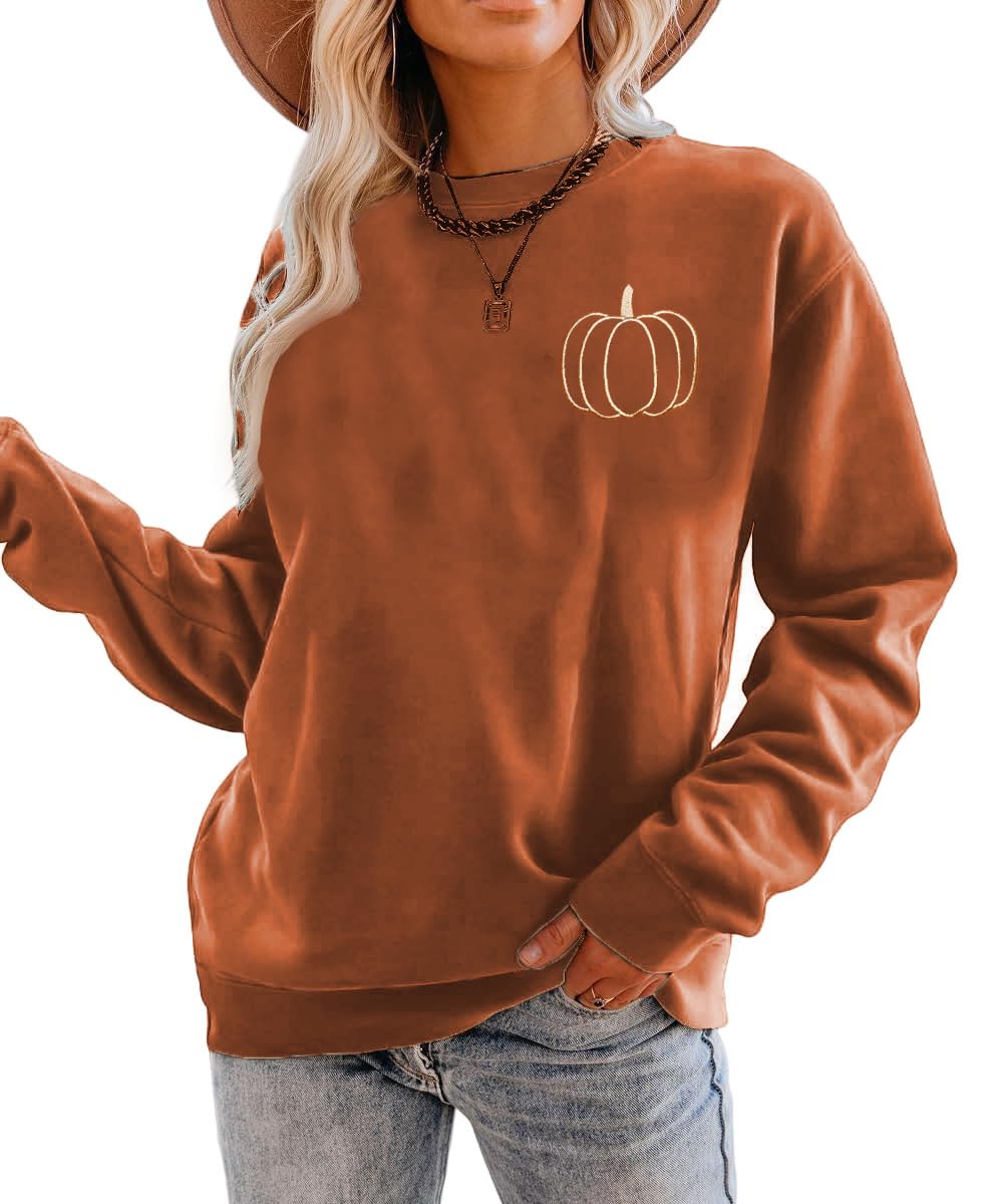 Womfashi Fall Pumpkin Sweatshirts Women Halloween Embroidered Shirt Thanksgiving Pullover Tops Autumn Crewneck Shirts