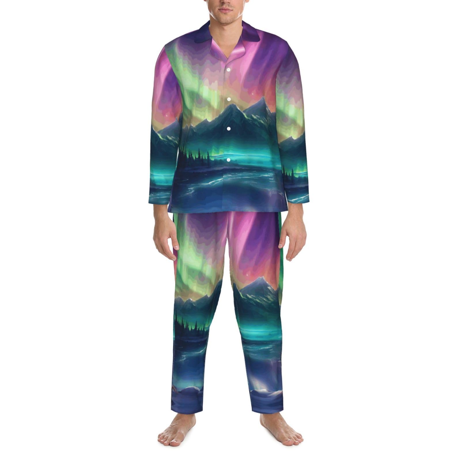 Dark Northern Lights Print męska piżama z długim rękawem zestaw bielizna nocna dwuczęściowy zestaw wypoczynkowy oddychająca bielizna nocna