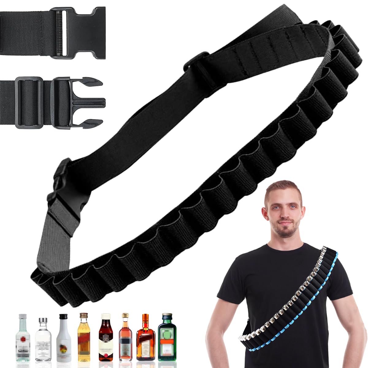 Cintura per Proiettili Cintura, 27 Fori Cintura per Cartucce in Nylon, Cintura per Cartucce da Caccia Regolabile Lunga 130 cm, Bandoliera per Calibro 12GA per Caccia
