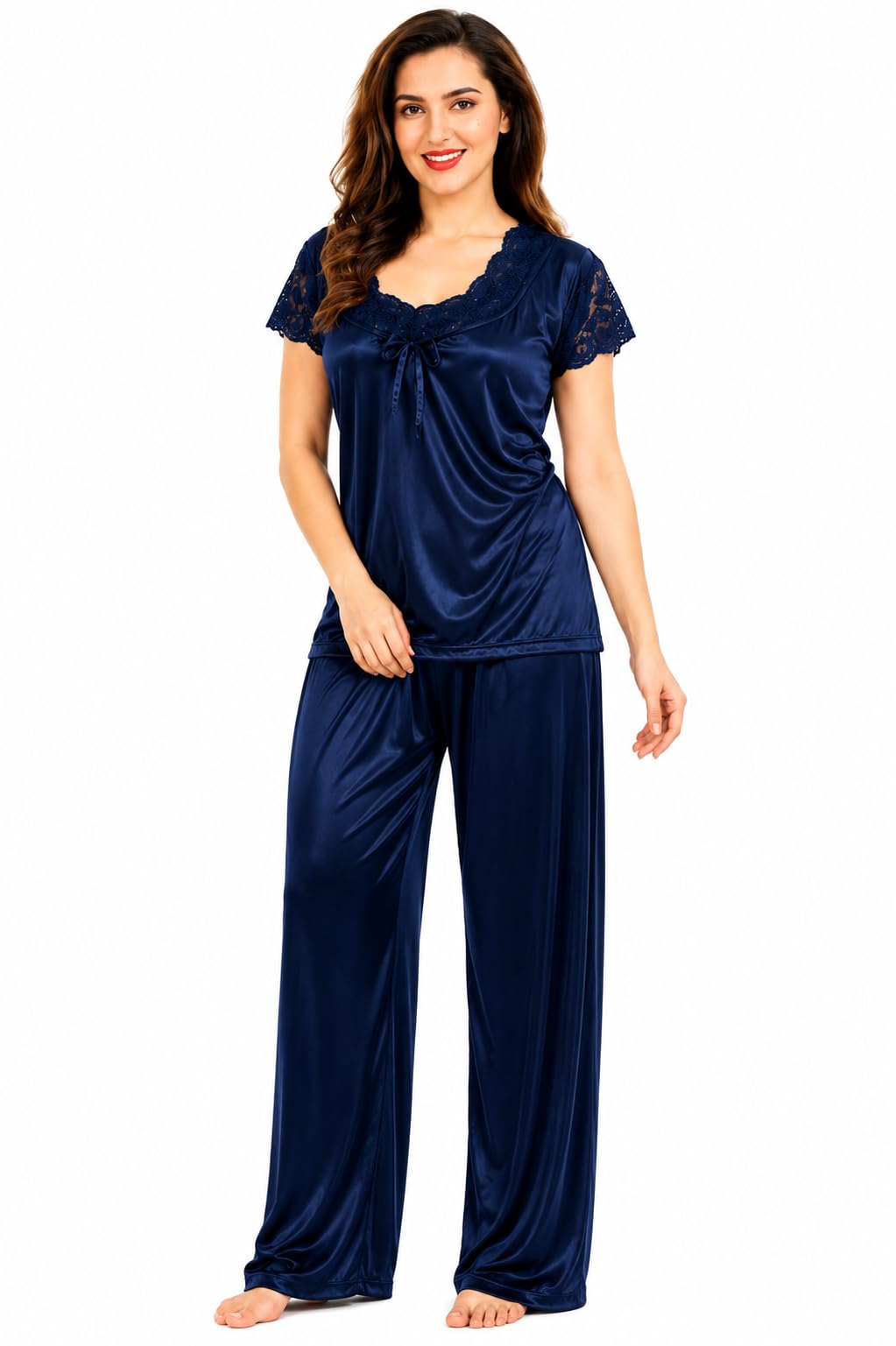 P. P. COLLECTION Women's Satin Night Suit Set | Soft Short Sleeve Top with Lace Neck & Full Length Pyjama | 2 Piece Comfortable Sleepwear & Loungewear for Daily Home Wear-picture-24