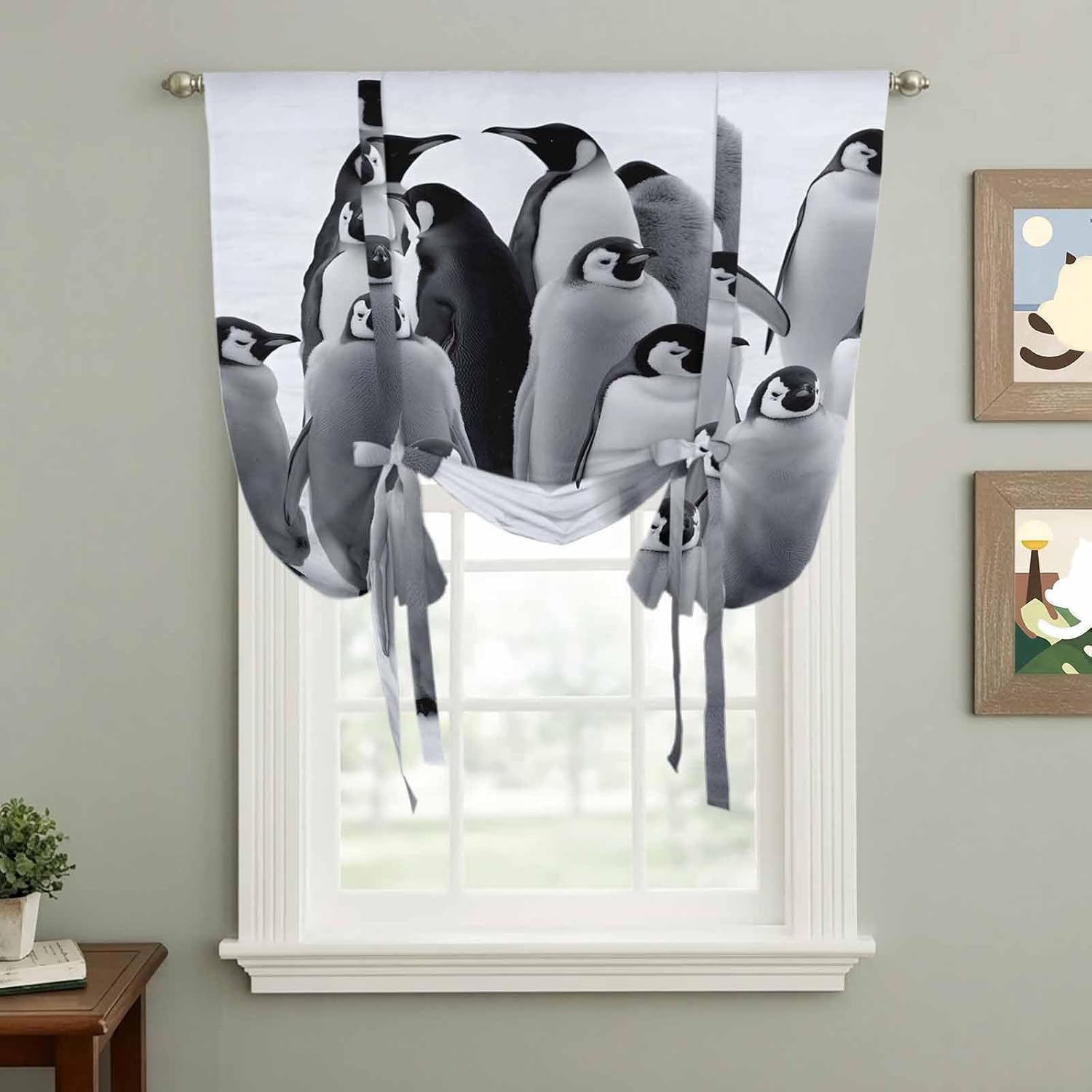 Funny Penguins Tie Up Curtains for Window, Snow Winter Grey Penguin Animals Thermal Insulated Balloon Shade Adjustable Rod Pocket Curtains Valance Panels for Kitchen Bathroom Café 46'' x 63''