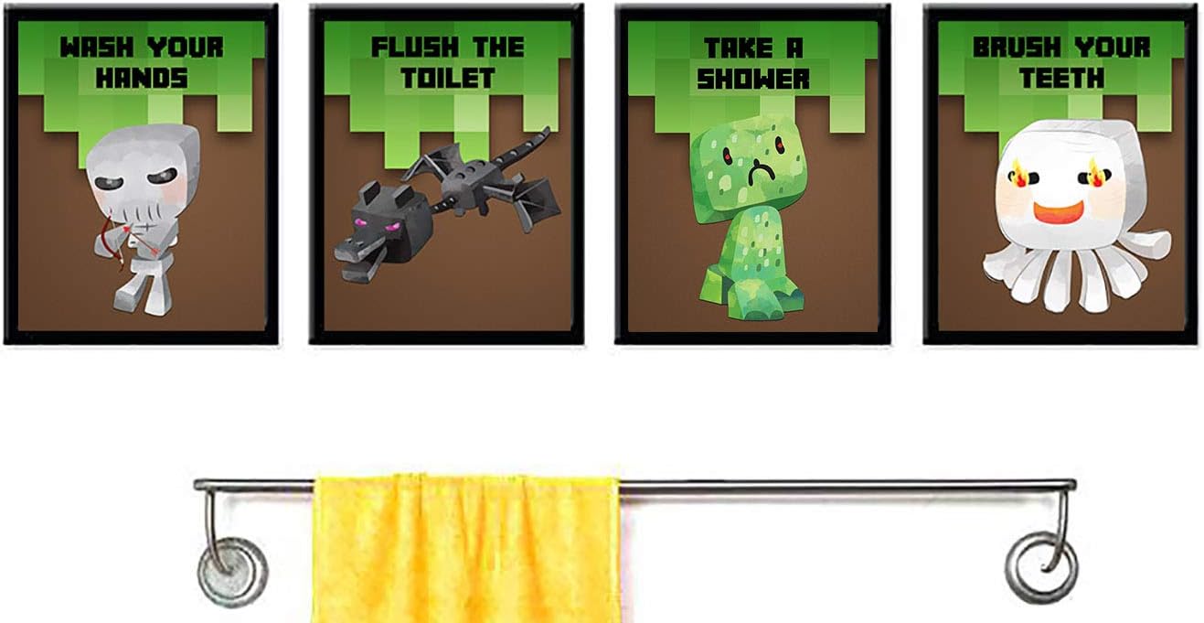 Video Game Pixel Miner Mining Wall Art Prints Poster Sign Bath Bathroom Decor (Set of 4) Fun Reminders Set