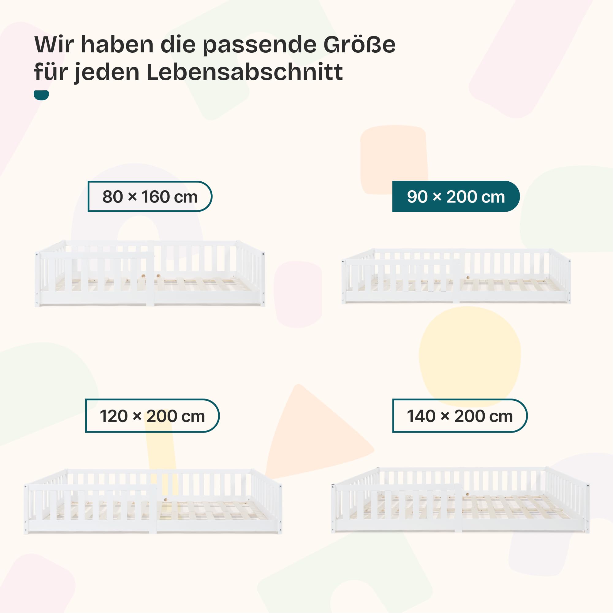 [en.casa] Kinderbett Tanna Bodenbett 90 x 200 cm Holzbett für Kinder mit Rausfallschutz Montessori Bettgestell mit Lattenrost Kiefernholz Weiß