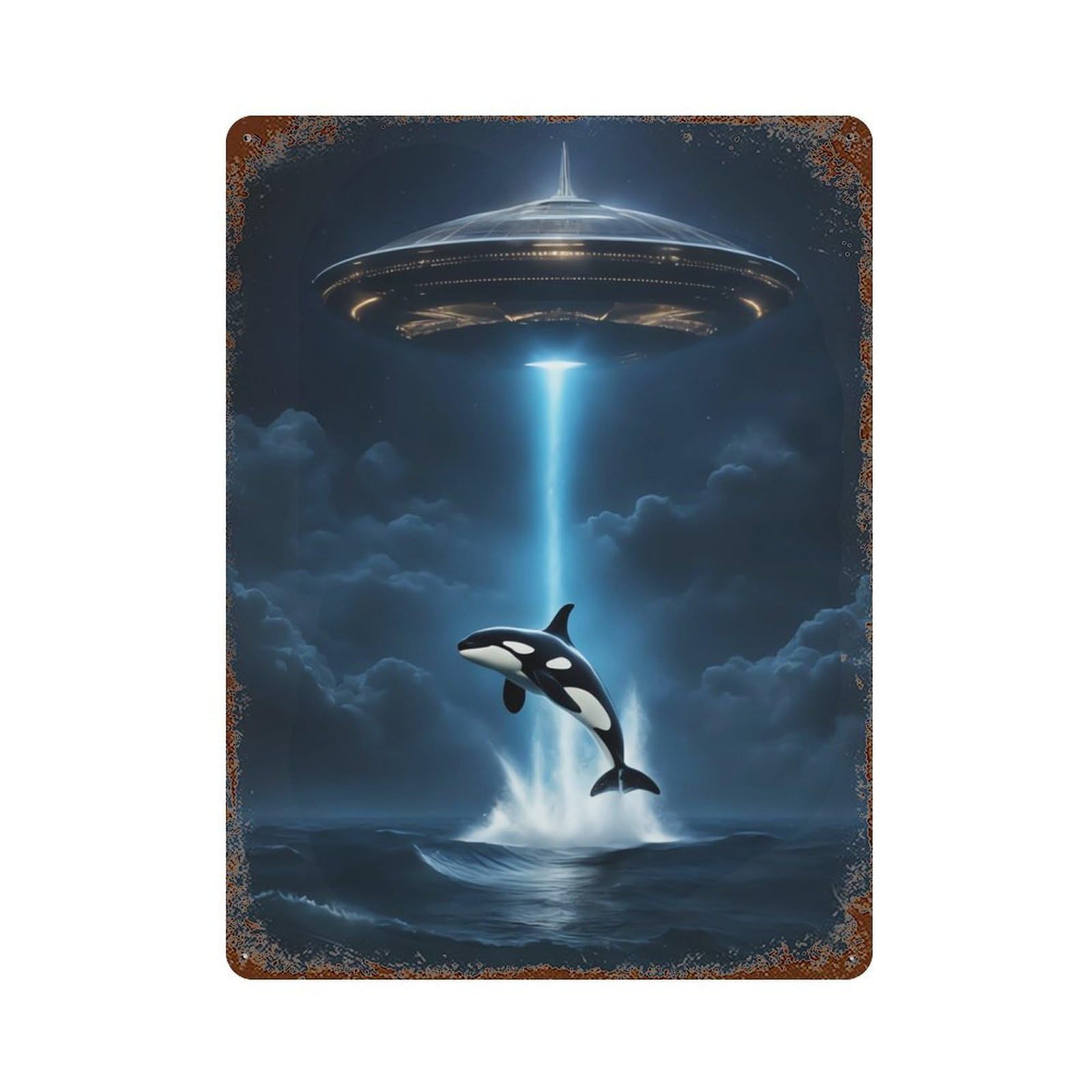 Orca Whale Alien Spaceship Aged Metal Wall Plaque 15.7"x11.8", Old School Wall Decor for Garage, Bar And Workshop Decor