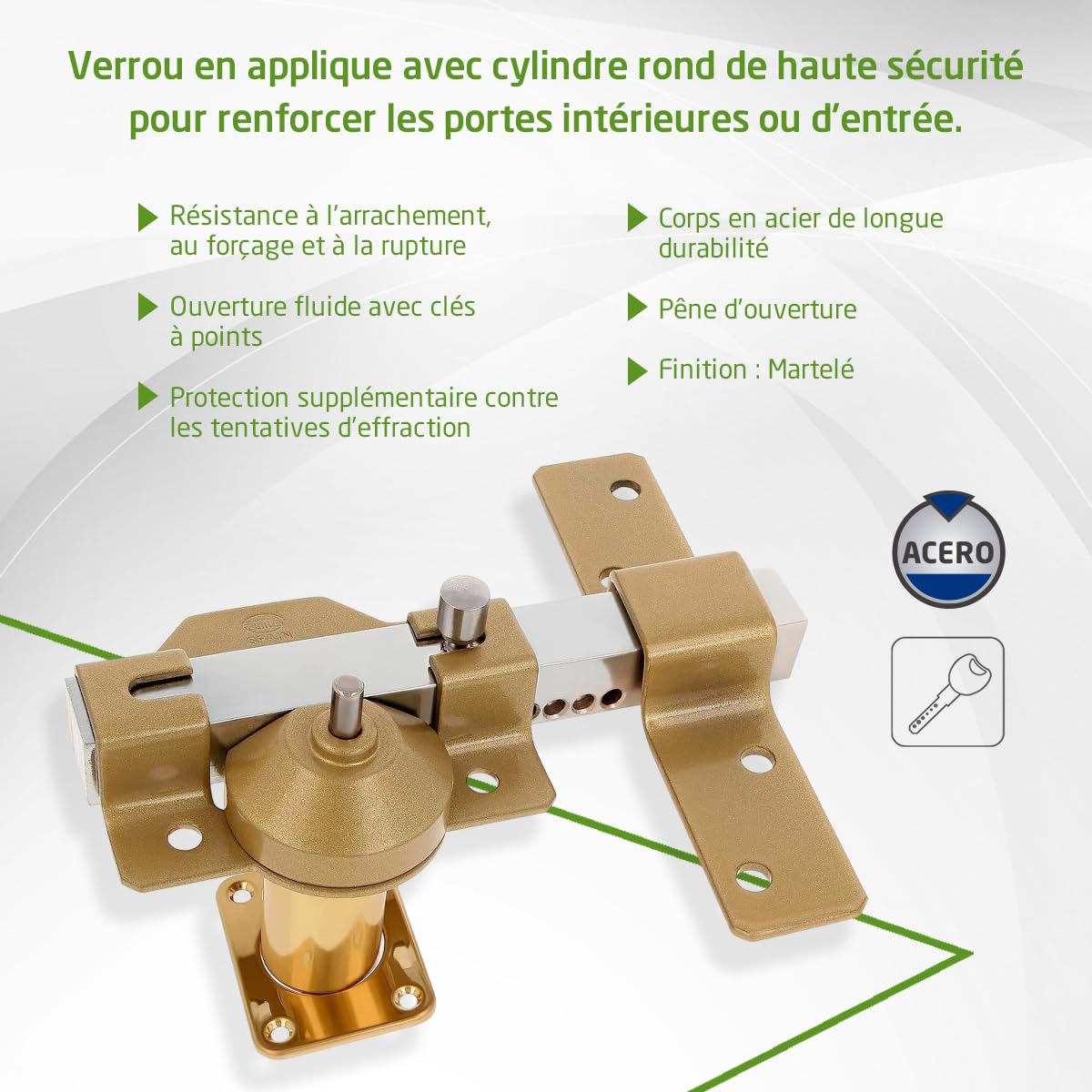 Amig - Verrou de sécurité à pêne dormant avec cylindre rond - Haute résistance à l'extraction - 5 clés incluses - 170 x 105 mm - Serrure en applique - Acier - Cylindre 50 mm - Finition martelée