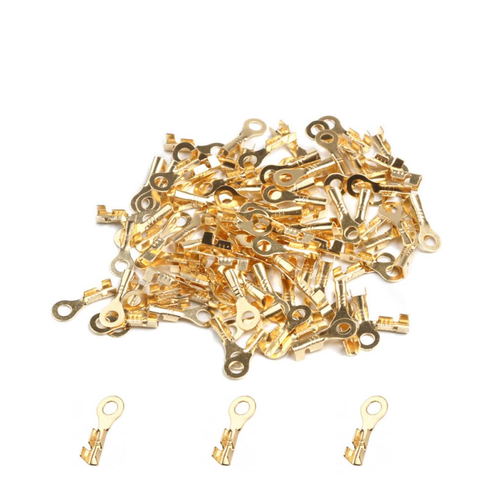 100Pcs Ring Lug Terminals, Brass Crimp Cable Connector Wire Terminals Assortment Kit for Machinery, Auto and Home Appliance (M3 3.2mm)
