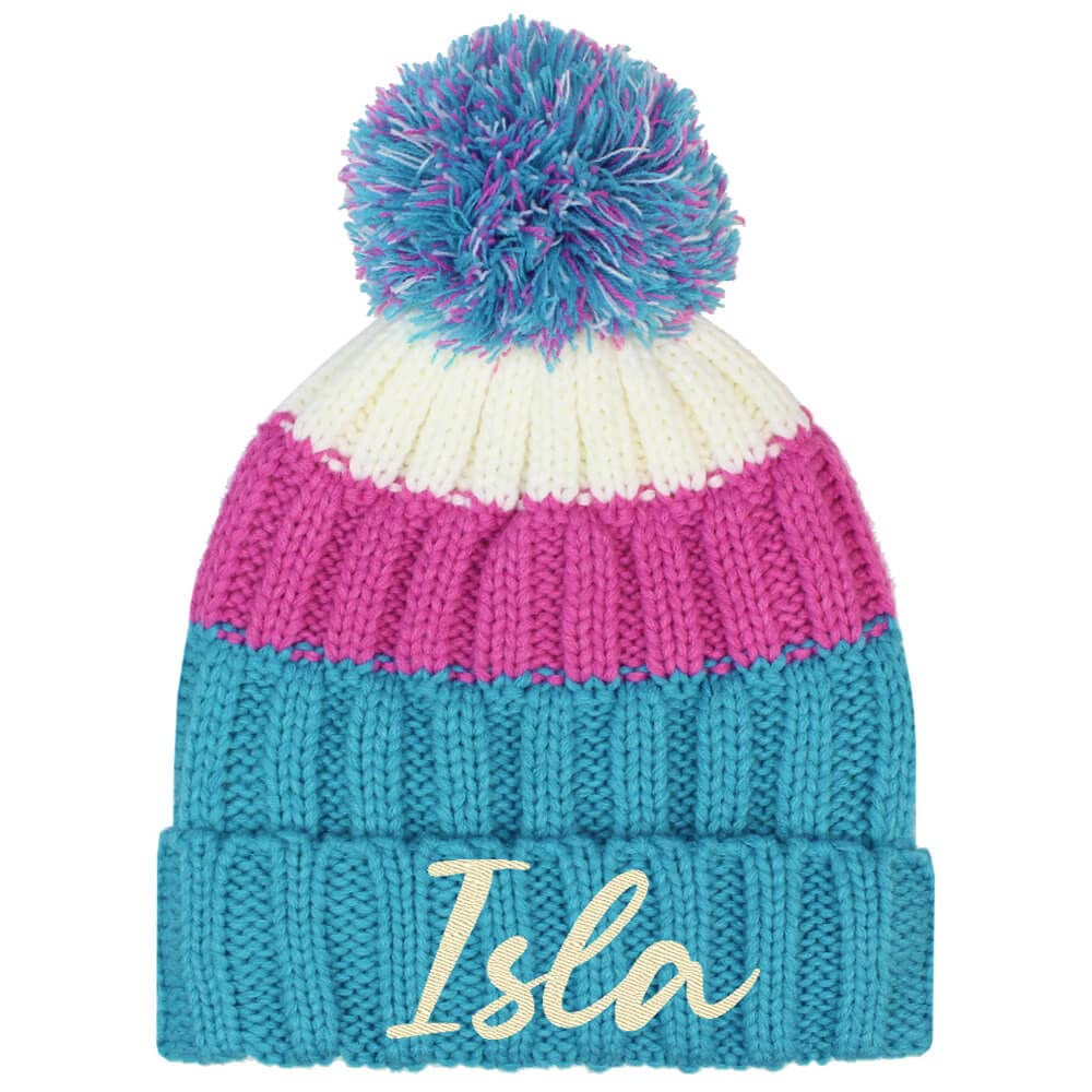 Teddyt's Girls Turquoise Mix Personalised Embroidered Name Striped Chunky Knitted Bobble Hat (4-10 Years) (Turquoise Mix)