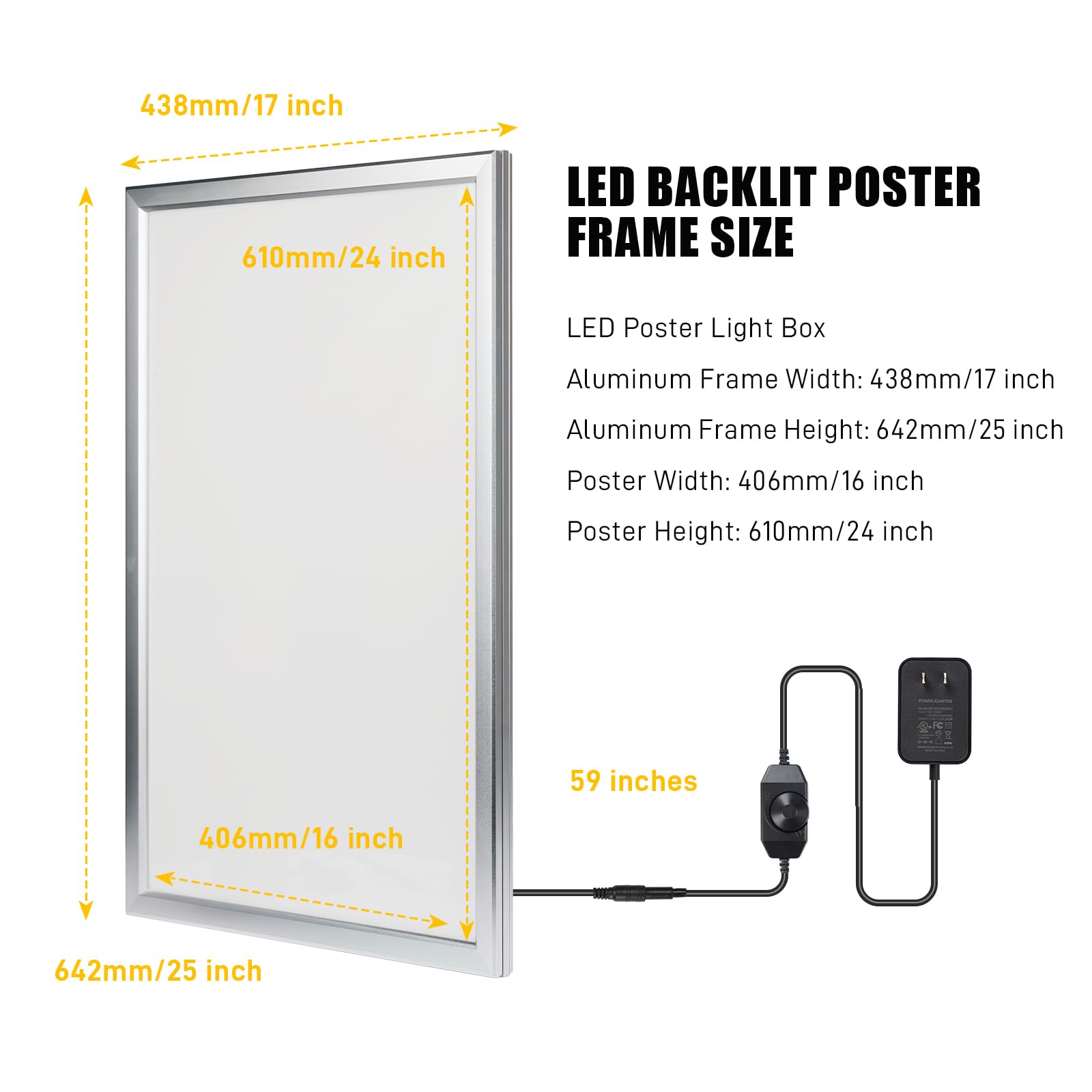 Marco LED para póster de película de 16 x 24 pulgadas, caja de luz retroiluminada con regulador, marco de póster LED de aluminio para cine en casa, oficina, decoración de cine, letrero de menú de bar