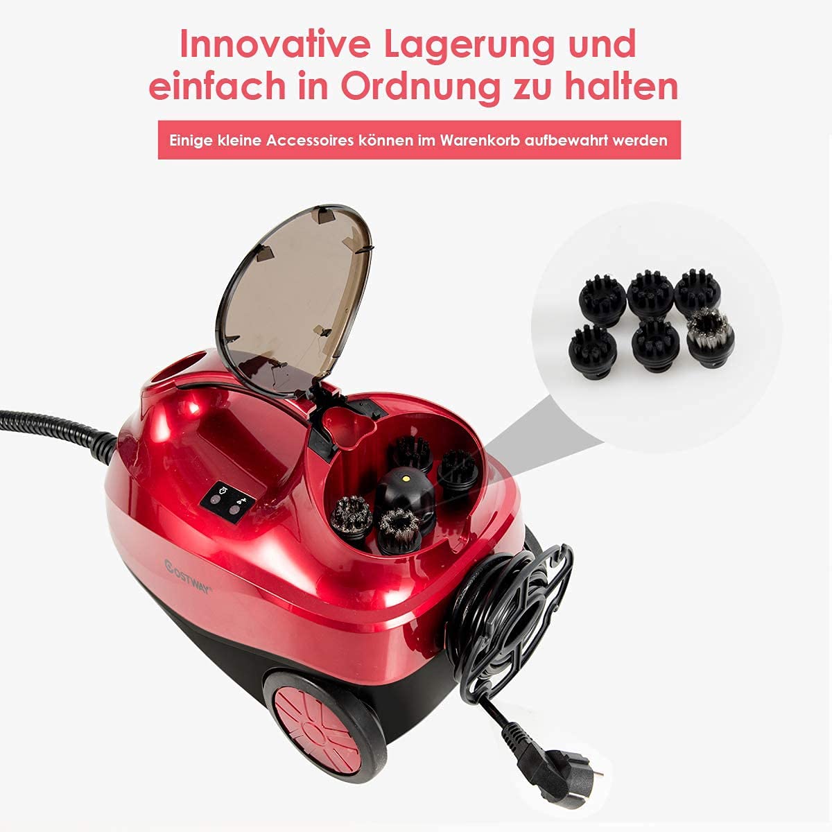 RELAX4LIFE Dampfreiniger 2000W, Dampfdruck: 4 bar, Tank: 1,5 L, Dampfzeit: bis 45 Min., bis 108°C, Dampfsauger mit LED-Licht & Überhitzungsschutz, inkl. 19 Zubehör, für Böden, Teppiche, Sofa (Rot)