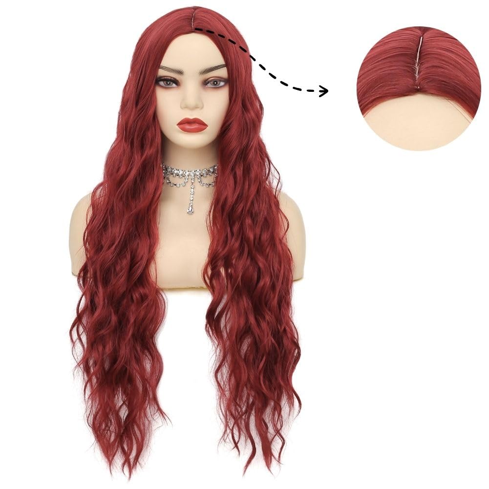 Siudus Dark Red Long Curly Wavy Wigs for Women Burgundy Middle Part Hair Wig Synthetic Heat Resistant Fiber Halloween Cosplay Wig - Image 2