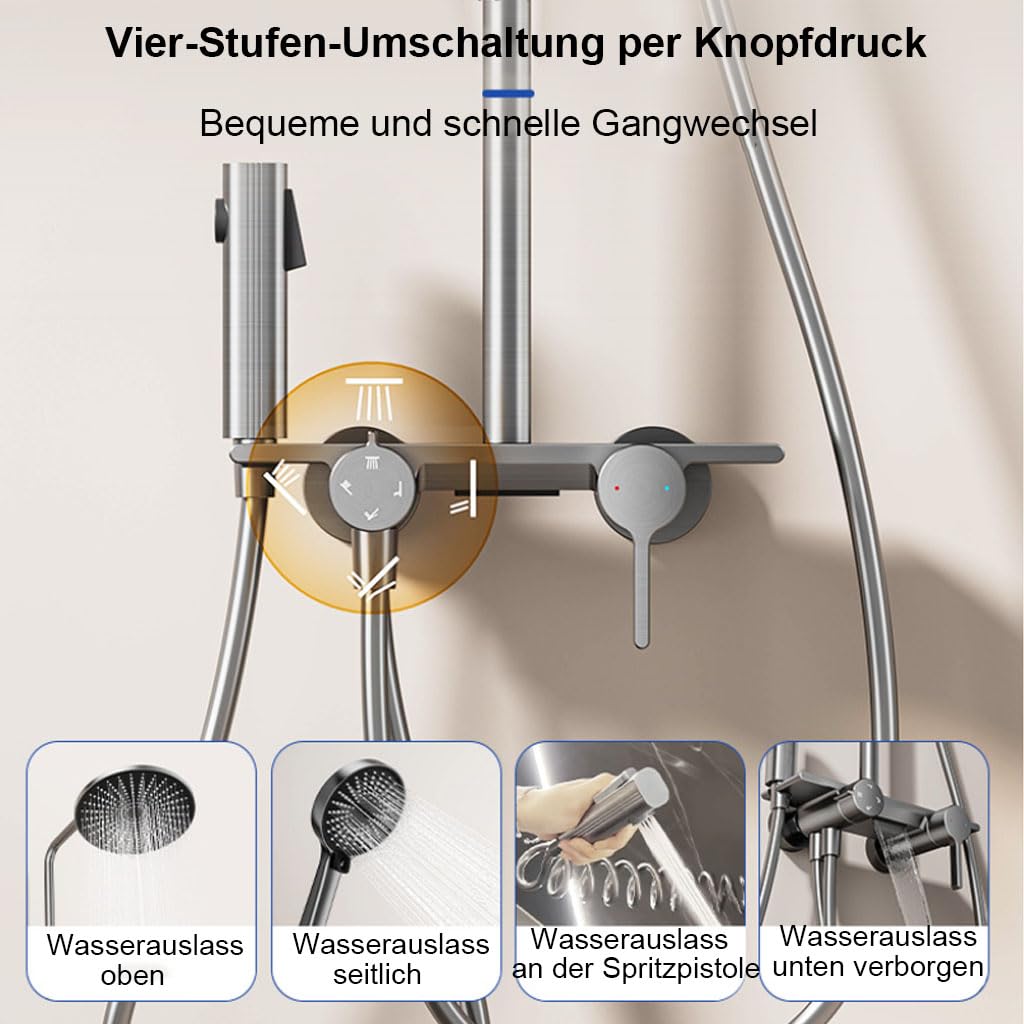 Saliscendi Doccia Grigio Metallizzato Rubinetto a Parete Bagno | Saliscendi doccia a parete,soffione rotondo 260mm,4 uscite acqua,ripiano integrato,asta regolabile